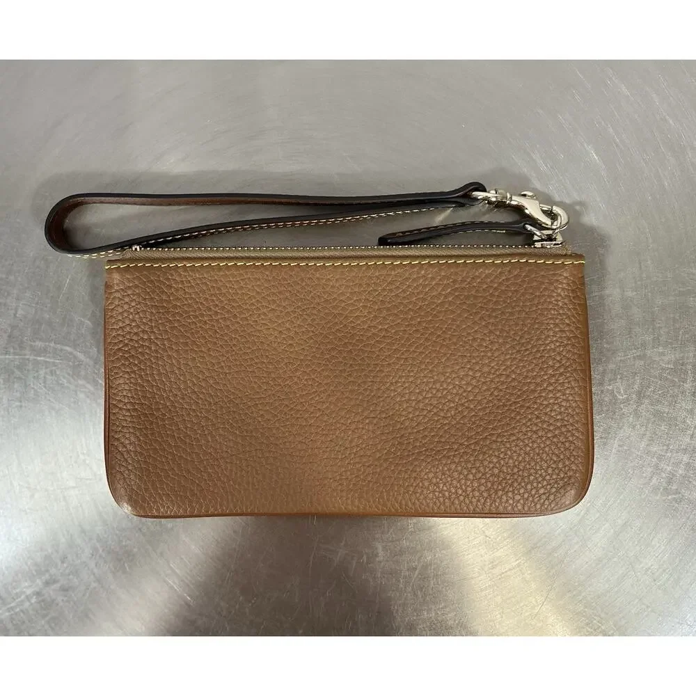 Dooney & Bourke Pebble Grain Large Wristlet Caramel Brown Leather Clutch Wallet